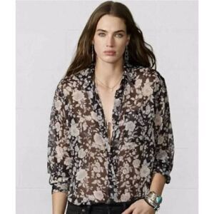 Ralph Lauren Denim & Supply Blouse Womens XS Oversized Floral Chiffon Sheer Flor